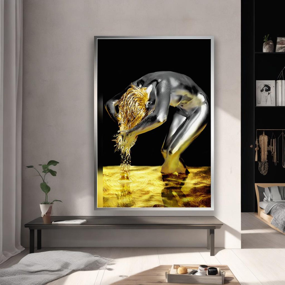 Gold Black Metallic Figurative Art Sensual Water Reflection Poster