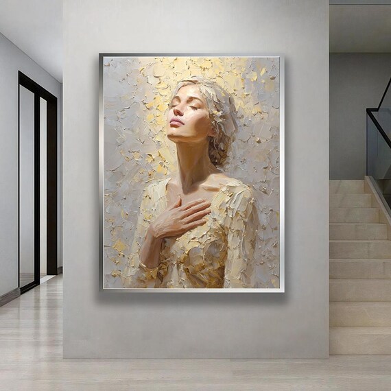 Woman Portrait Golden Textured Impasto Serene Modern Art Poster