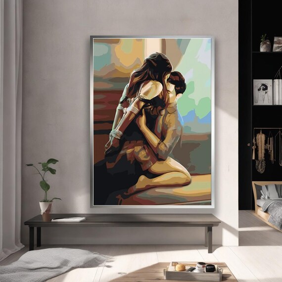 Romantic Couple Embrace Painterly Love Portrait Painting Wall Poster