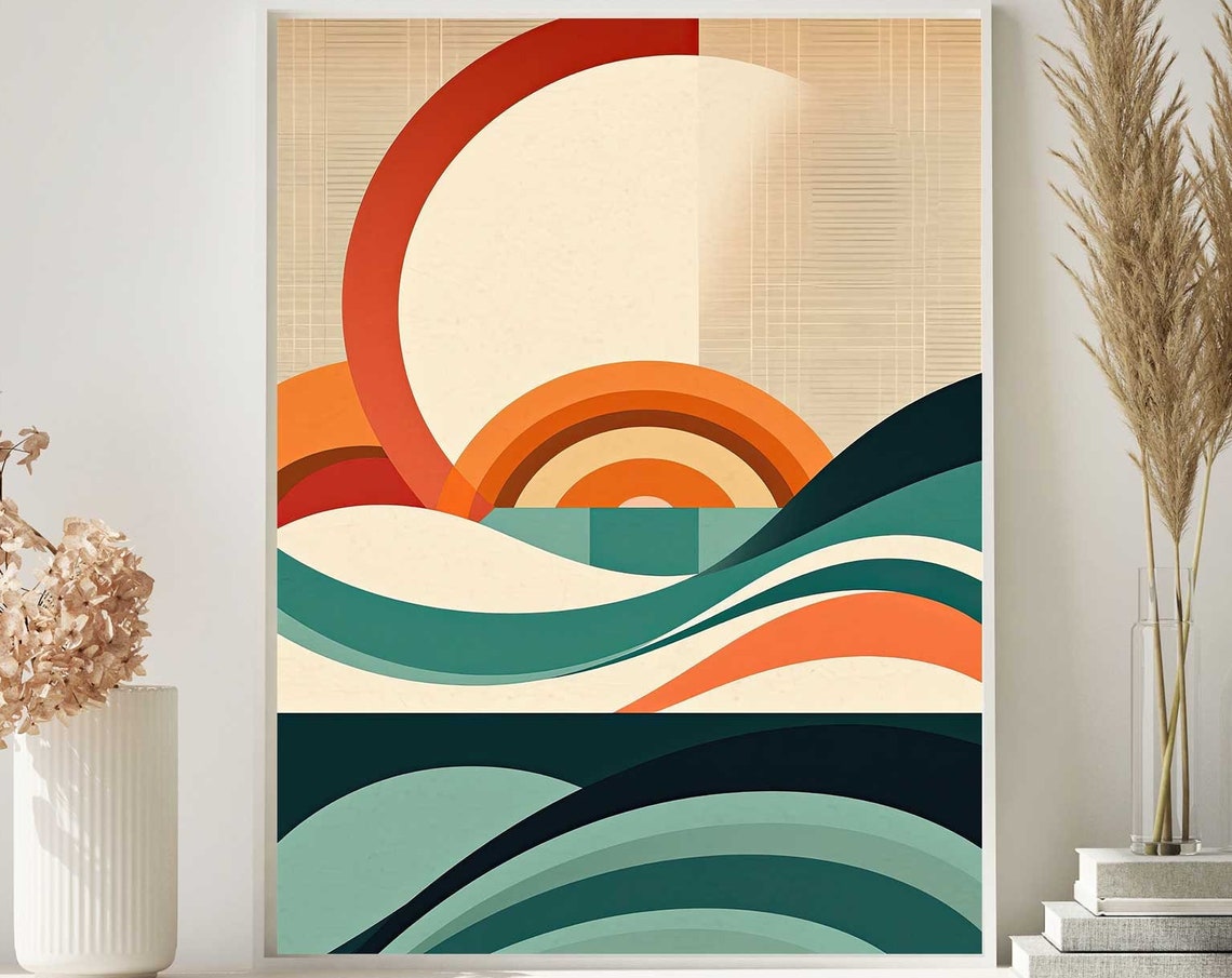 Mid Century Modern Ocean Sunrise With Retro Wave Curves Poster