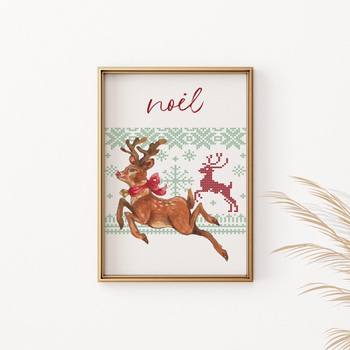 Noel Reindeer Christmas Poster Vintage Nordic Knit Pattern Wall Decor