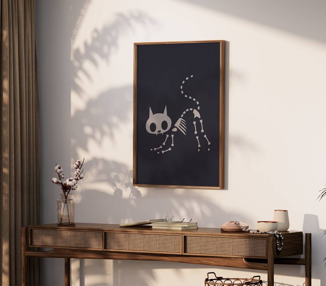 Halloween Cat Skeleton Art Black Spooky Minimalist Cat Wall Decor Poster