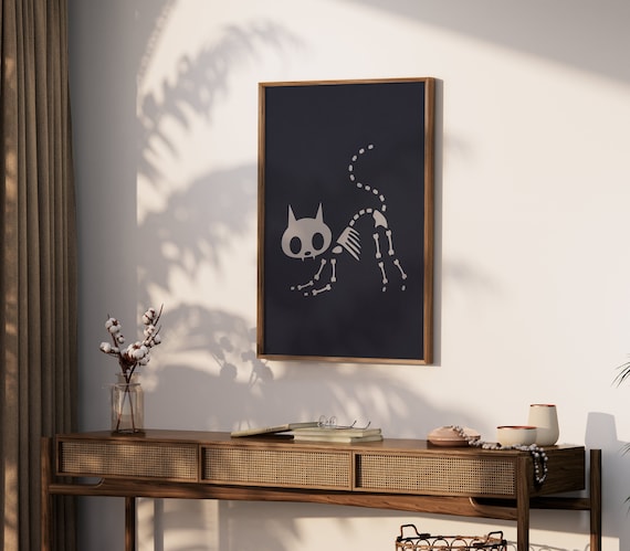 Halloween Cat Skeleton Art Black Spooky Minimalist Cat Wall Decor Poster
