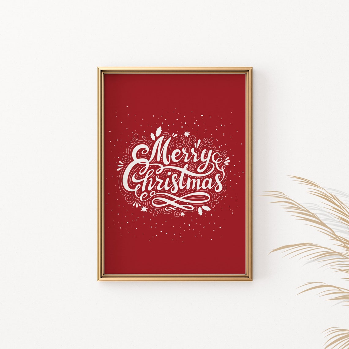 Merry Christmas White Calligraphy Poster Red Holiday Wall Decor