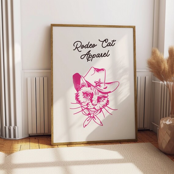 Rodeo Cat Apparel Pink Western Cat Cowboy Hat Vintage Style Poster
