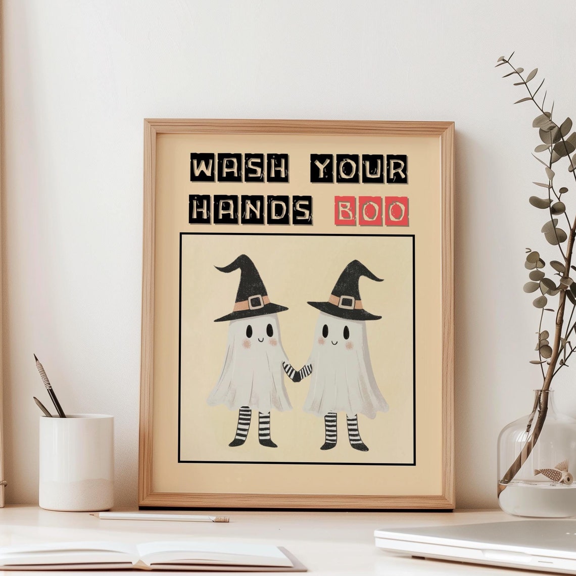 Wash Your Hands Boo Cute Ghost Witches Halloween Bathroom Poster