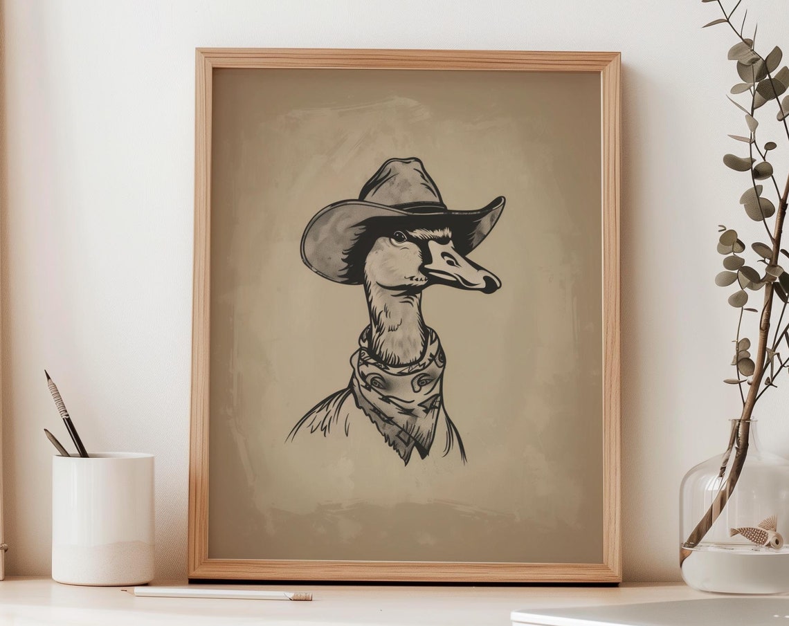 Cowboy Goose in Hat Minimalist Vintage Western Sketch Art Print