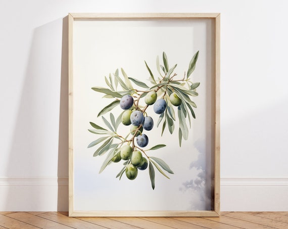 Watercolor Olive Branch Print Olive Tree Branches Olive Green Prints Olives Kitchen Decor Cottage Core Poster File