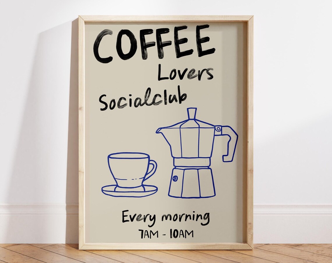Coffee Lovers Social Club Moka Pot Black Lettering Kitchen Art Poster
