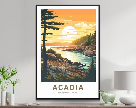 Acadia National Park Maine Glowing Sunset Rocky Coast Travel Poster