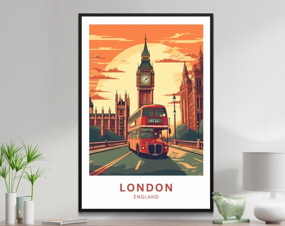 London England Big Ben Red Bus Sunset City Landmark Travel Poster