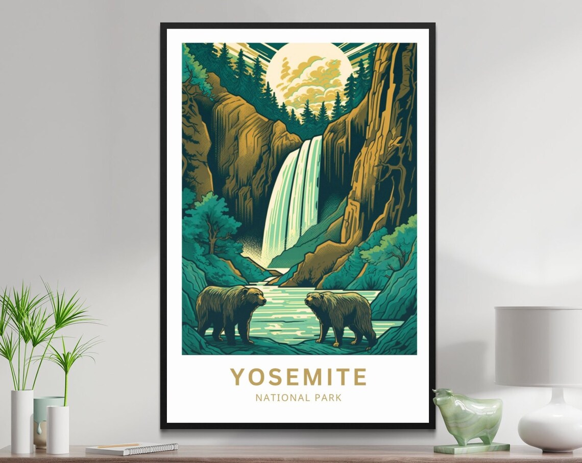 Yosemite National Park Waterfall Bears Golden Canyon Travel Poster