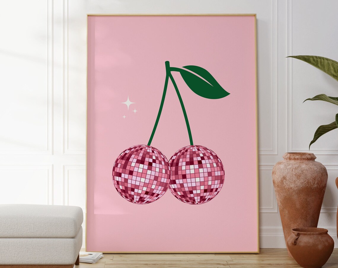 Cherry Disco Ball Print, Funky Preppy Decor Poster