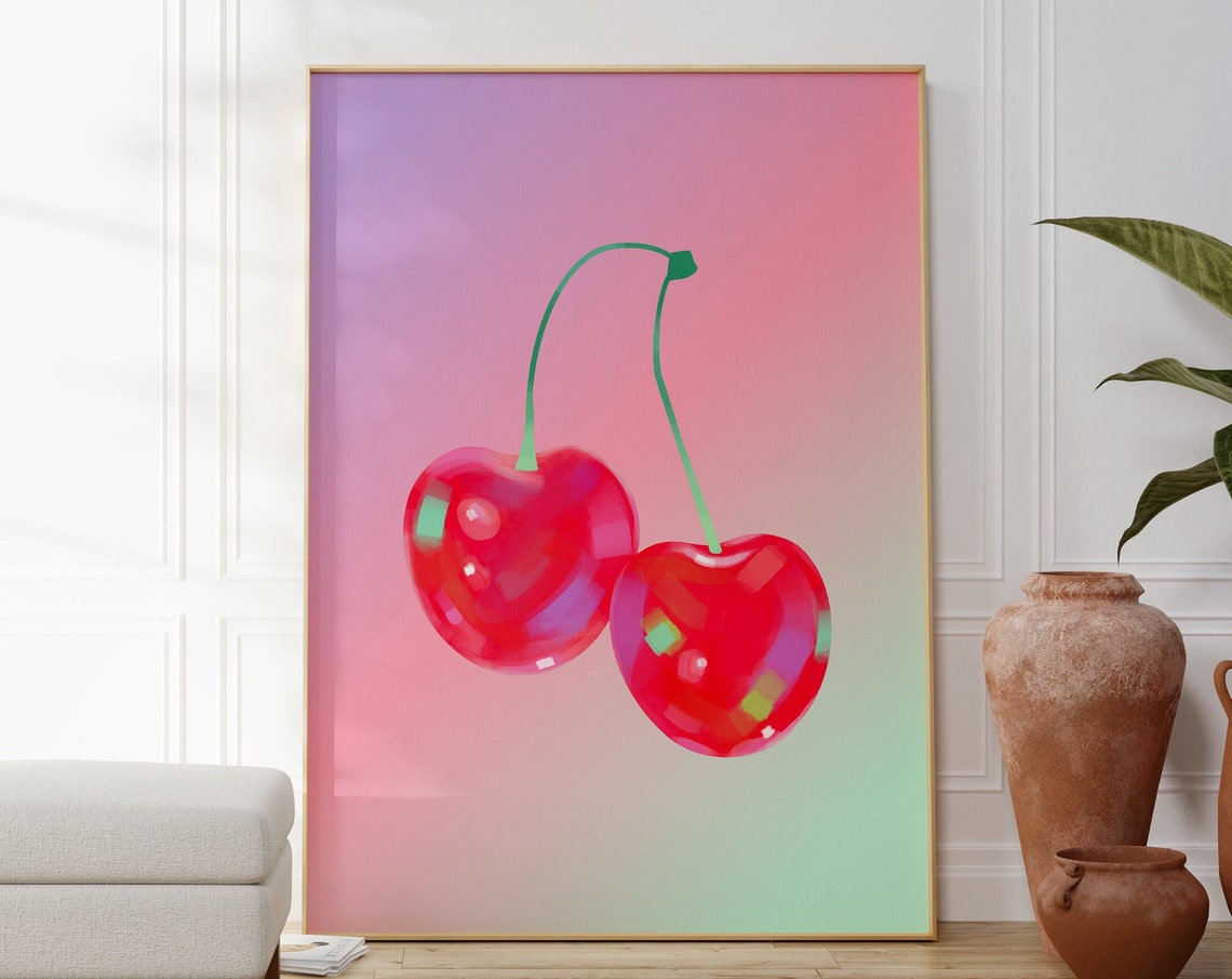Glossy Red Disco Cherries On Pink Gradient Trendy Pop Art Poster