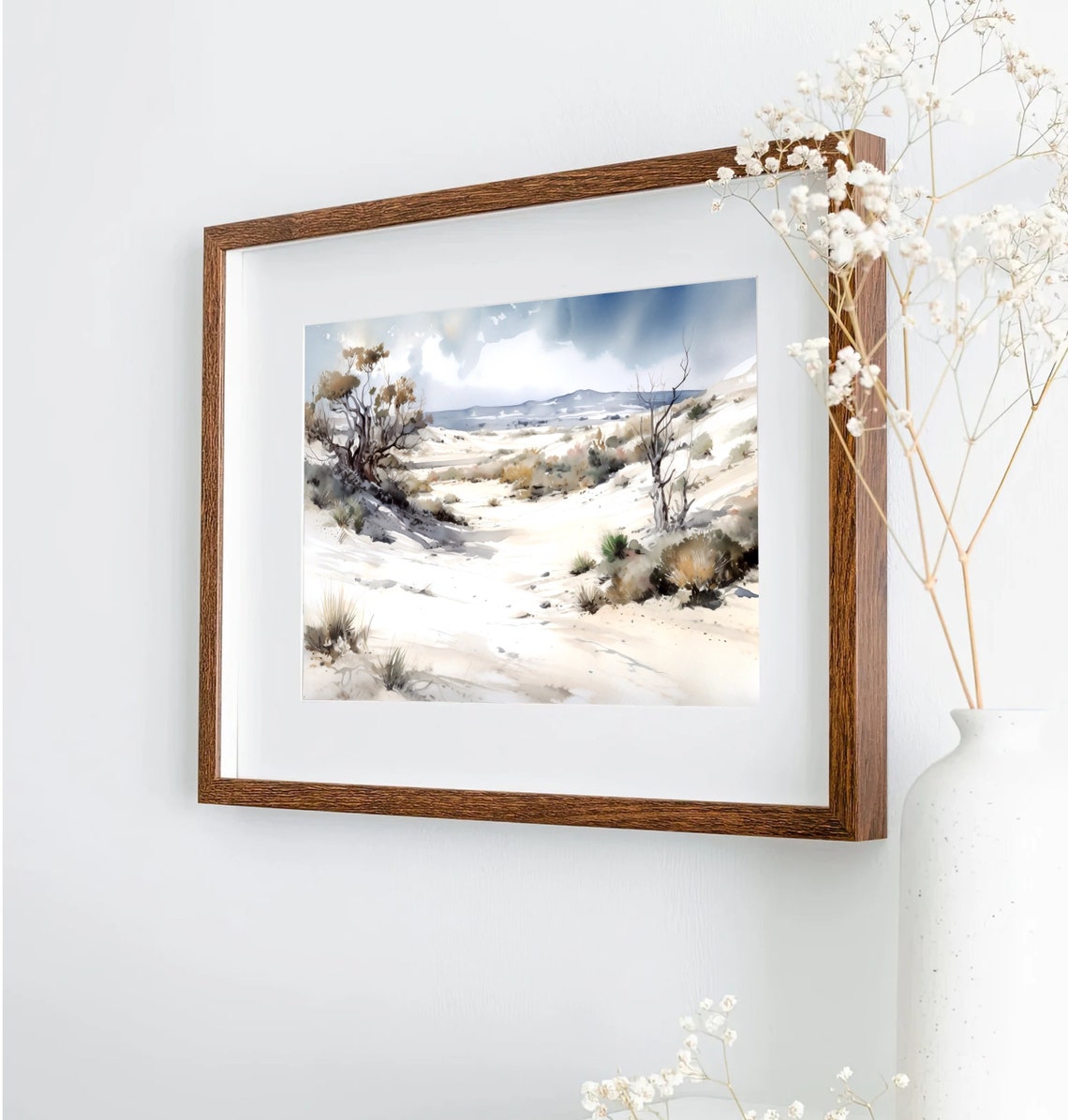 White Sand Dunes Watercolor with Desert Trees and Shrubs Poster - Image 5