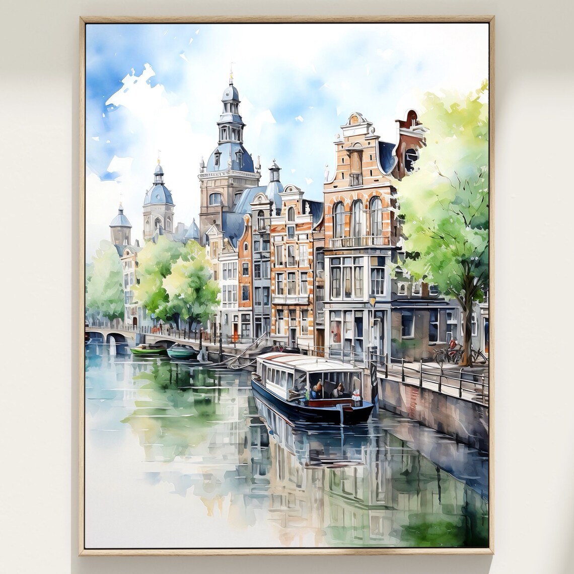 Amsterdam Canal Houses Historic Boat Architecture Watercolor Poster