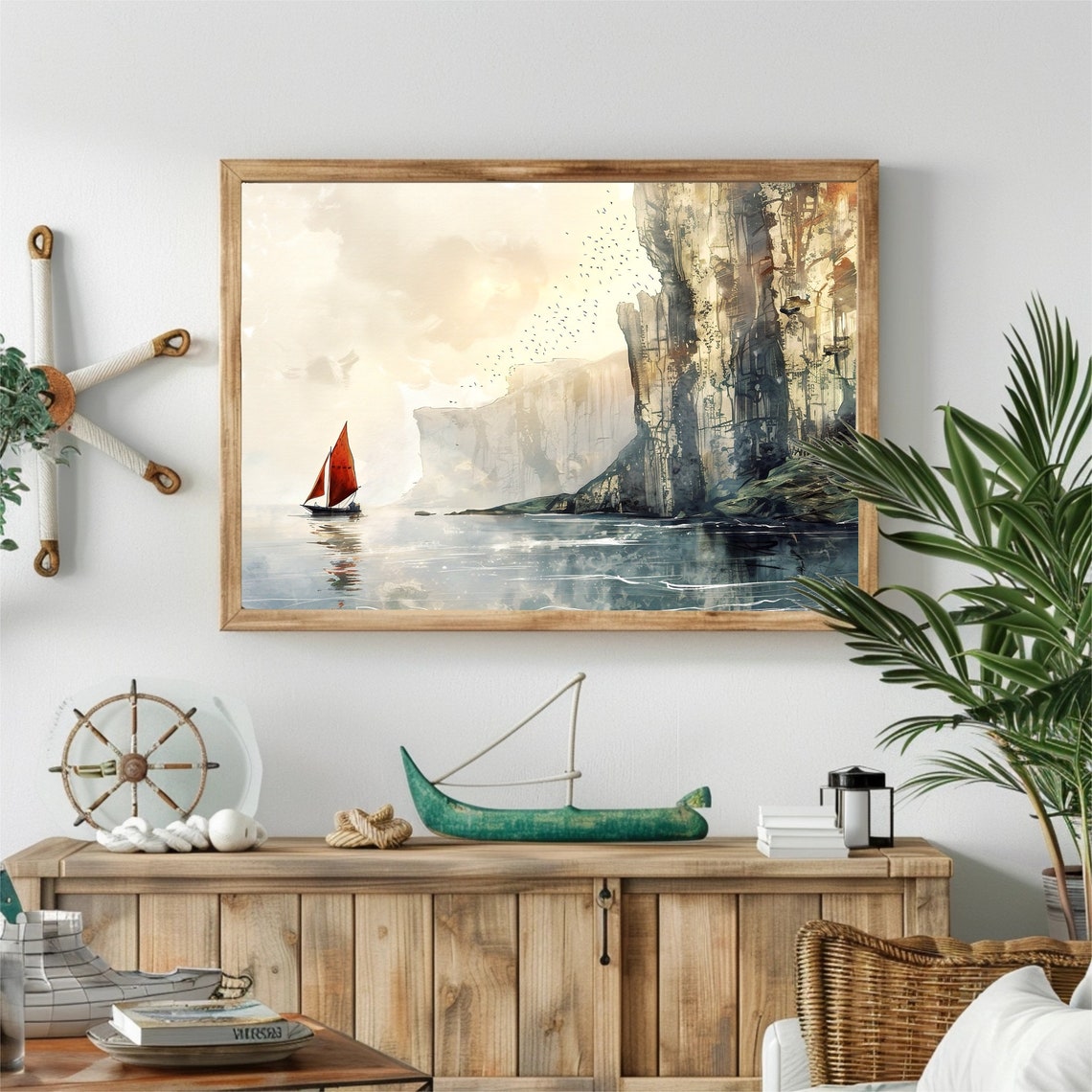 Red Sail Boat Watercolor with Tall Cliffs Birds and Calm Sea Poster - Image 5