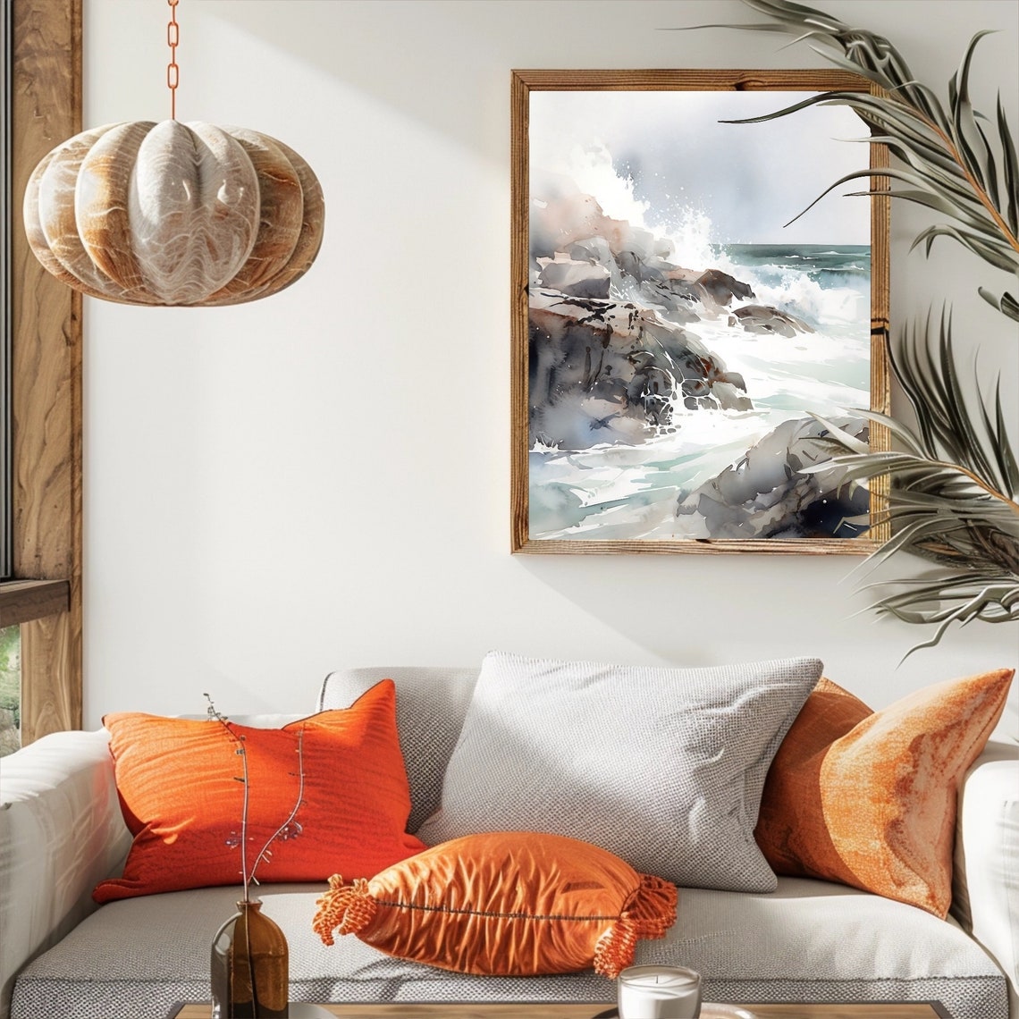 Ocean Waves Crashing Dark Rocks Spray Watercolor Seascape Poster - Image 5