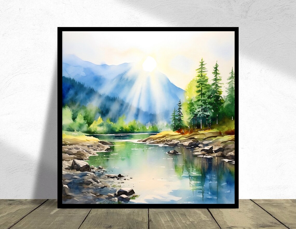 Mountain River In The Sun Watercolor Art Print - Image 4