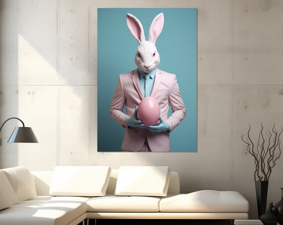 Rabbit In Pink Suit Holding Pink Egg Surreal Portrait Funny Easter Wall Art Poster