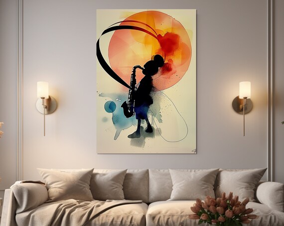 Jazz Saxophonist Silhouette Orange Sun Abstract Watercolor Music Wall Art Print