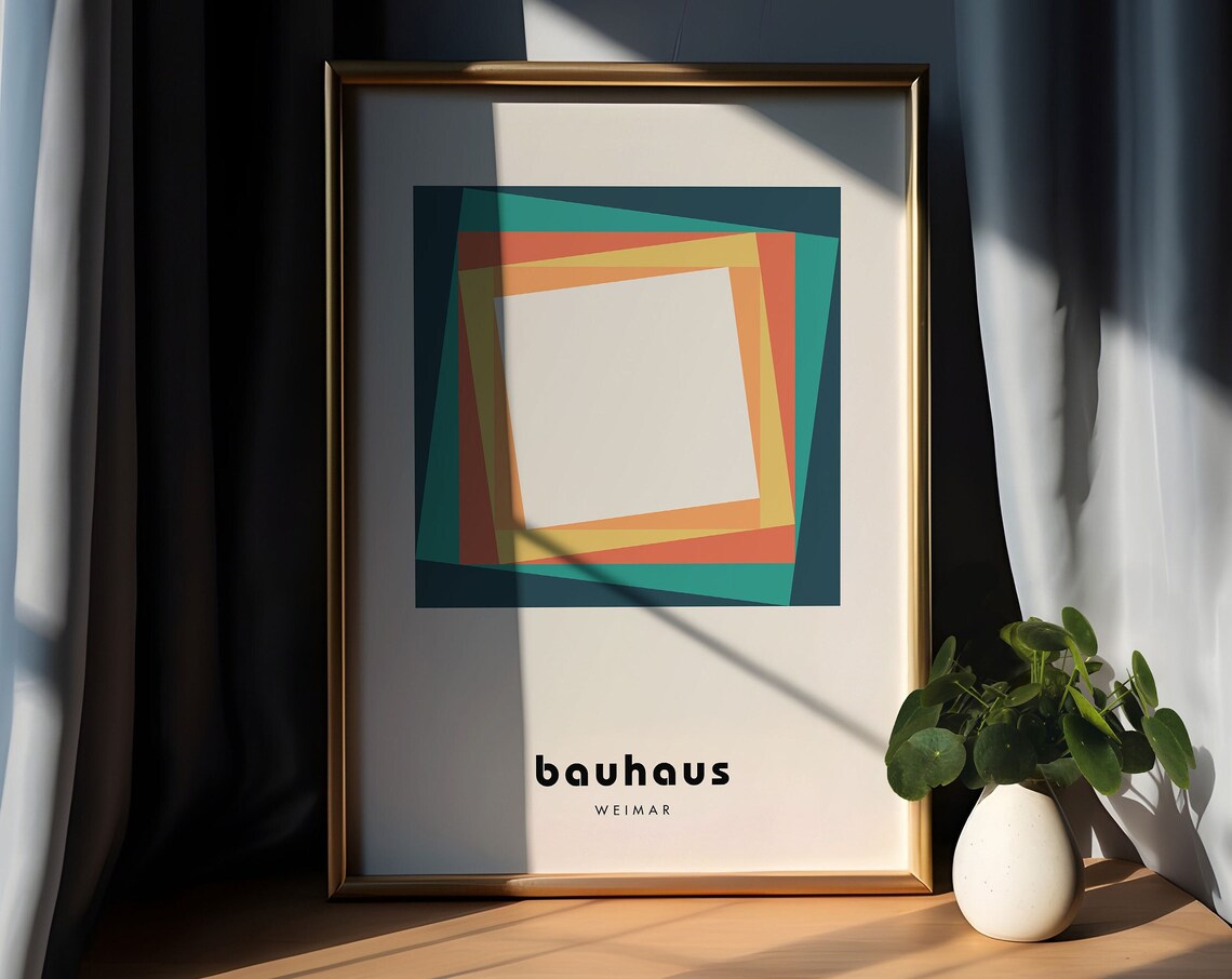 Vintage Retro Teal and Orange Layered Square Bauhaus Weimar Poster