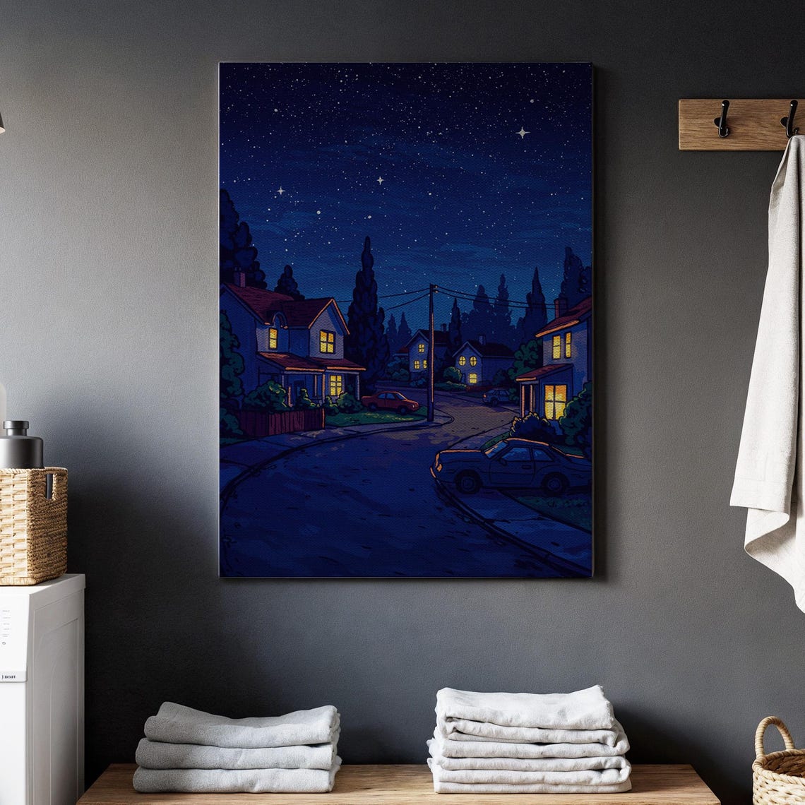 Starry Night Suburban Street Poster Cozy Homes Evening Sky Art