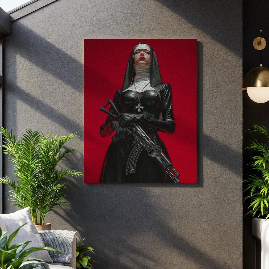 Gothic Nun With Rifle, Dark Religious Portrait Art Print