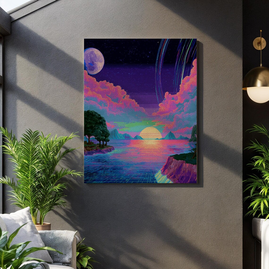Vaporwave Sunset Retro Ocean Grid Moon Neon Futuristic Synthwave Canvas Poster