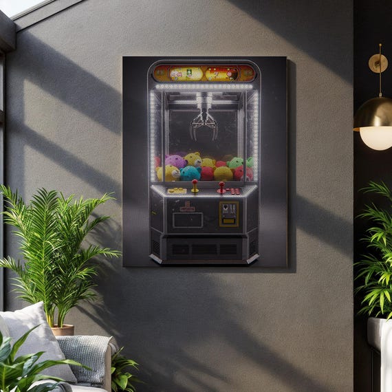 Retro Claw Machine Canvas Wall Art Colorful Arcade Toy Grabber Print Framed Gift For Gamers Vintage Game Room And Playful Interior Decor