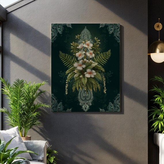 Dark Green Victorian Botanical Fern White Flowers Vintage Canvas Print