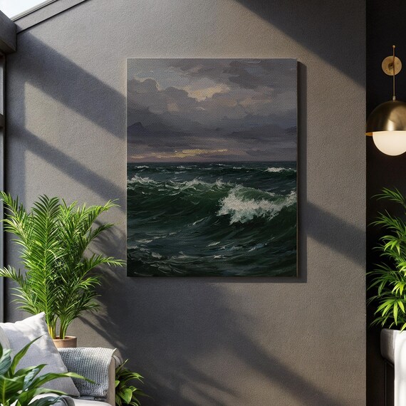 Dark Ocean Waves At Dusk Poster Dramatic Seascape Stormy Sea Painting
