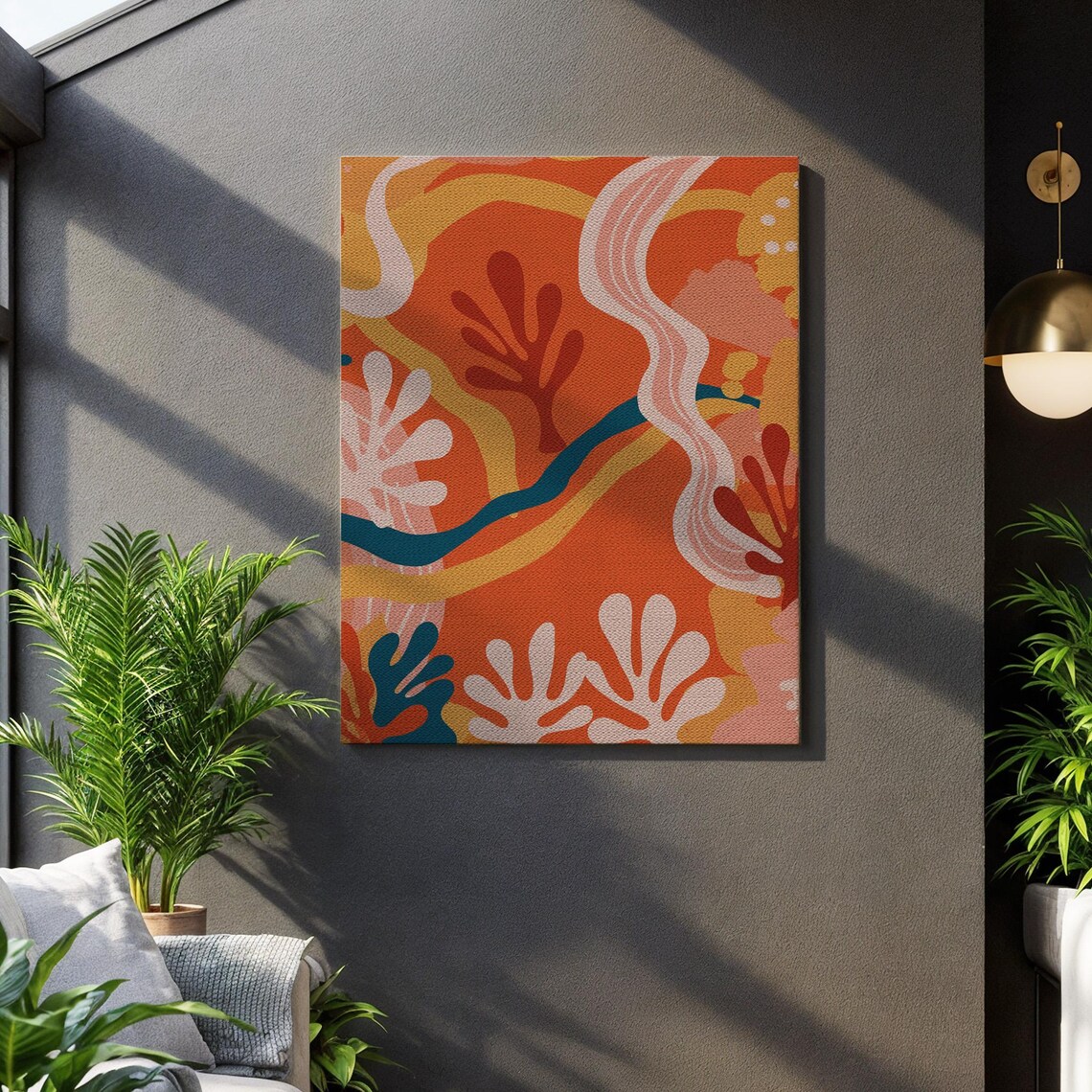 Vibrant Coral Texture Mid Century Pattern Organic Framed Showcase Botanical Shape Motif Unique Gift Offering Coastal Home Design