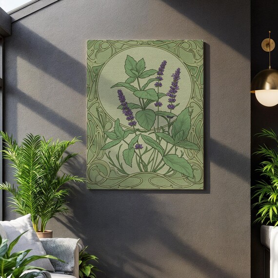 Lavender Botanical Canvas Art Vintage Herb Illustration Print Green Floral Nature Decor Framed Nouveau Gift Unique