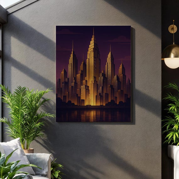 Art Deco Cityscape Wall Golden Skyline Canvas Print Retro Futuristic Skyscraper Poster Elegant Urban Night Scene For Home Dcor