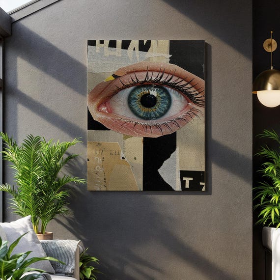 Blue Eye Canvas Wall Art Hyper Realistic Painting On Abstract Collage Background Modern Statement Artwork For Contemporary Home Decor