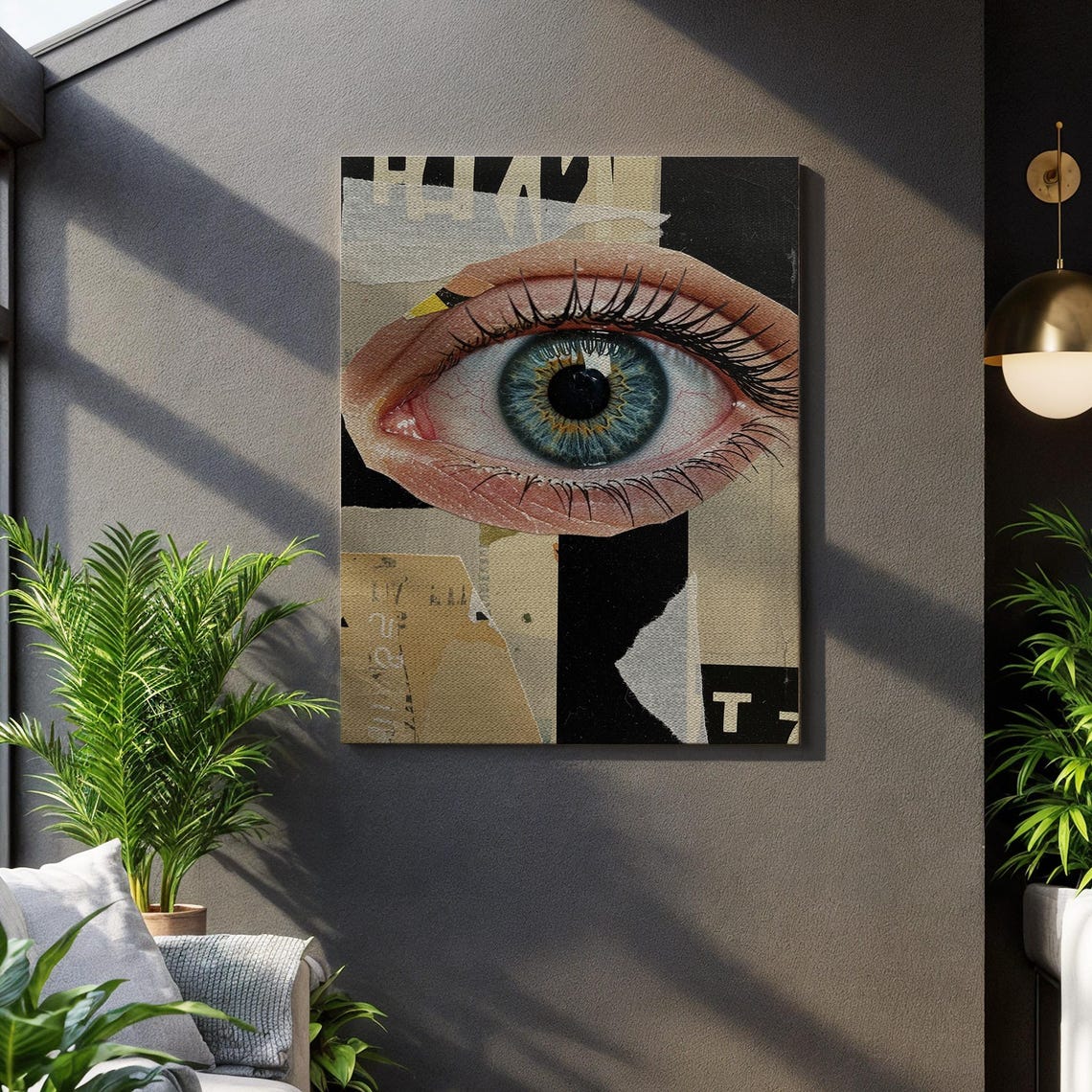 Blue Eye Canvas Wall Art Hyper Realistic Painting On Abstract Collage Background Modern Statement Artwork For Contemporary Home Decor