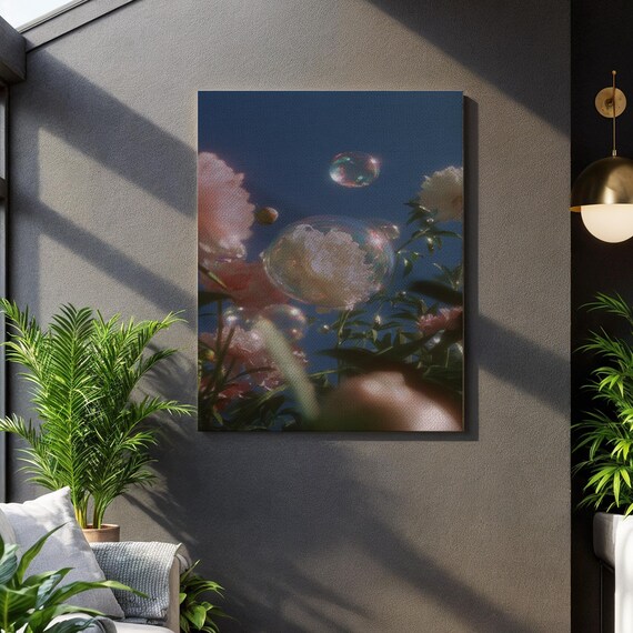 Floral Bubble Garden Dreamy Peony Soap Bubbles Blue Sky Art Poster