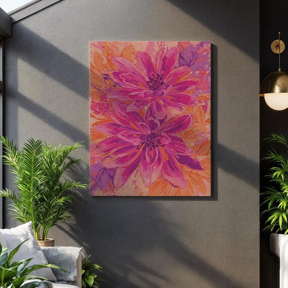 Bold Pink Flower Canvas Wall Art Vibrant Dahlia Floral Painting Print Colorful Botanical Artwork For Living Room Bedroom Or Office Decor