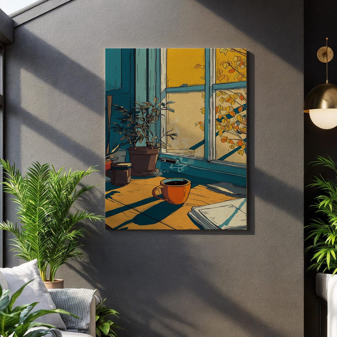Cozy Coffee Window Autumn Morning Sunlight Steaming Cup Art Poster