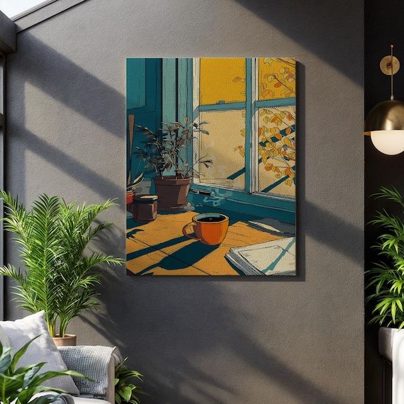 Cozy Coffee Window Art Print Autumn Morning Sunlight And Steam Serene Daily Ritual Canvas For Warm Slow Living Inspired Wall Decor
