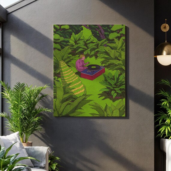 Jungle Rhythm Beats Tropical Vinyl Pattern Whimsical Color Splash Quirky Music Display Lush Green Backdrop Funky Sunset Groove