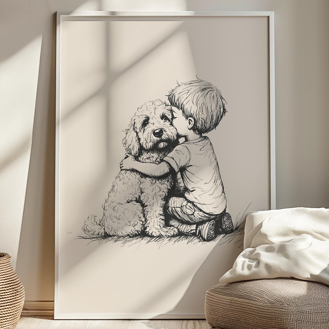 Boy With Goldendoodle Nursery Print Puppy Kids Room Art Dog Baby Nursery Vintage Poster Puppy Sketch Dog Boys Room Retro Drawing