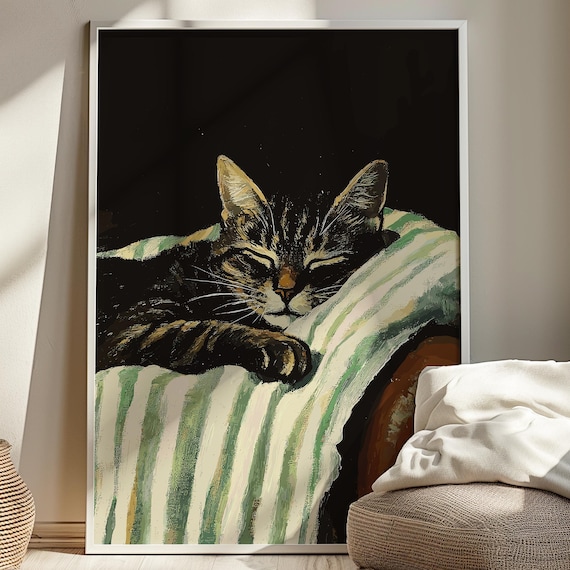 Sleeping Tabby Cat on Striped Cushion Dark Oil Painting Poster