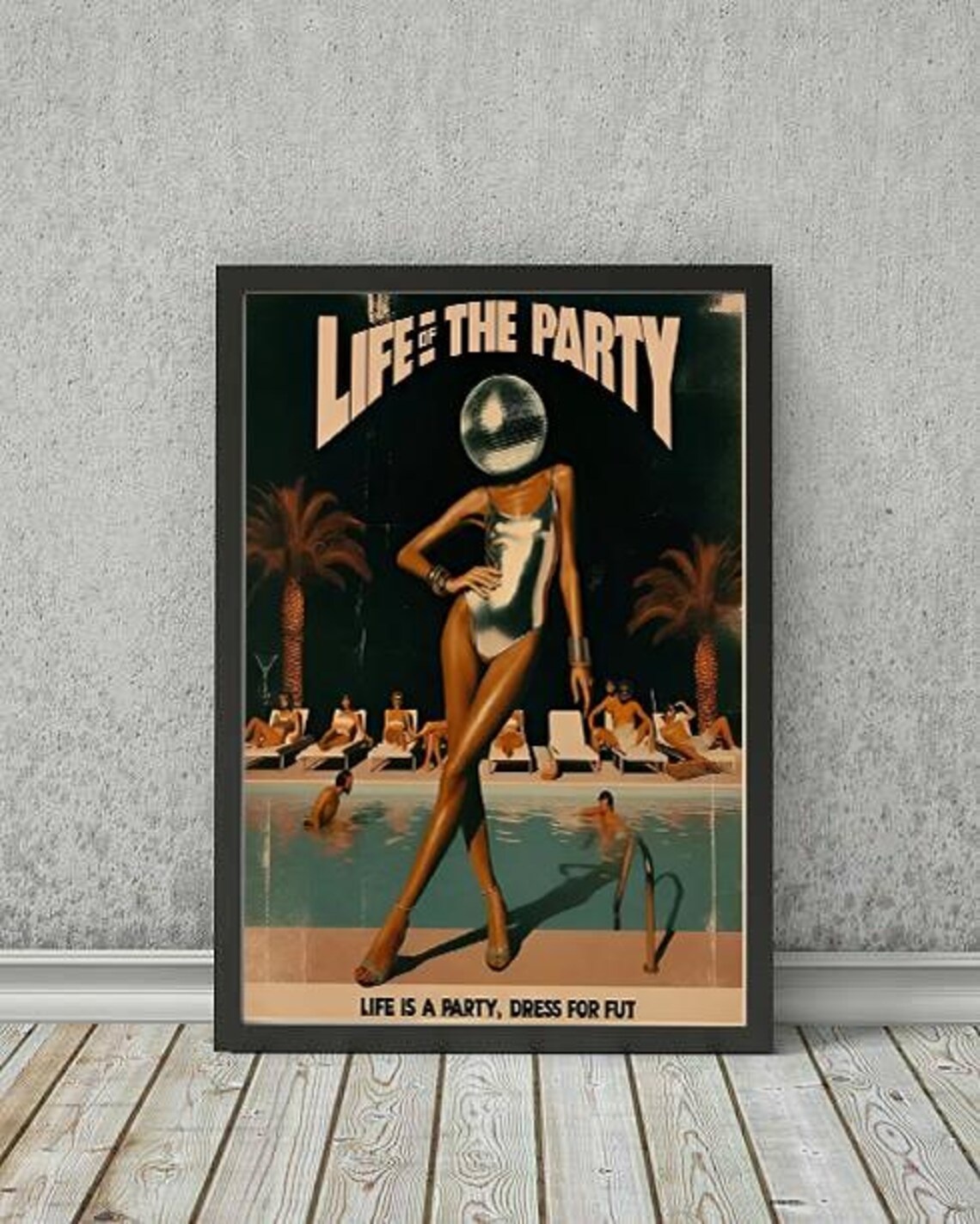 Life Of The Party Disco Ball Head Poolside Vintage Surreal Retro Poster - Image 2