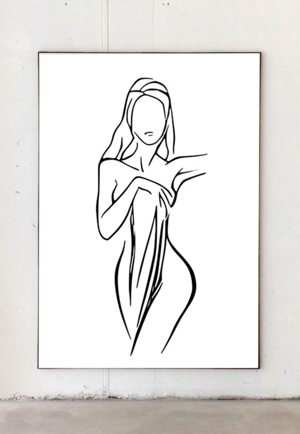Minimalist Woman In Towel Line Drawing Modern Bathroom Art Poster - Image 2