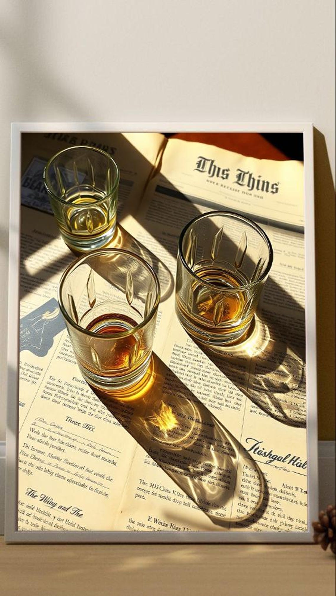 Whiskey Glasses Vintage Newspaper Sunlit Bar Aesthetic Photo Poster - Image 3