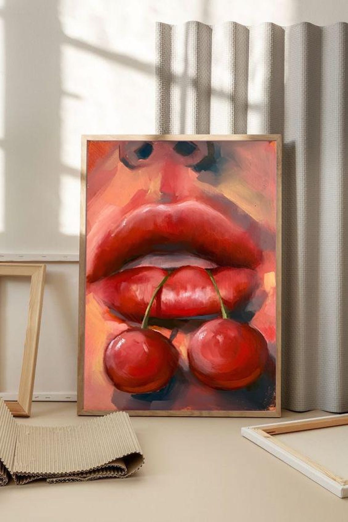 Cherry Red Lips Oil Painting Bold Pop Art Coquette Beauty Poster