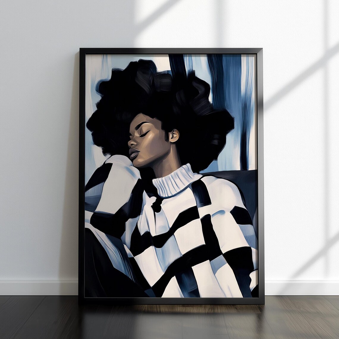 Resting Afro Woman Portrait Black Print Abstract People Geometric Wall Art Expressive Contemporary Artwork