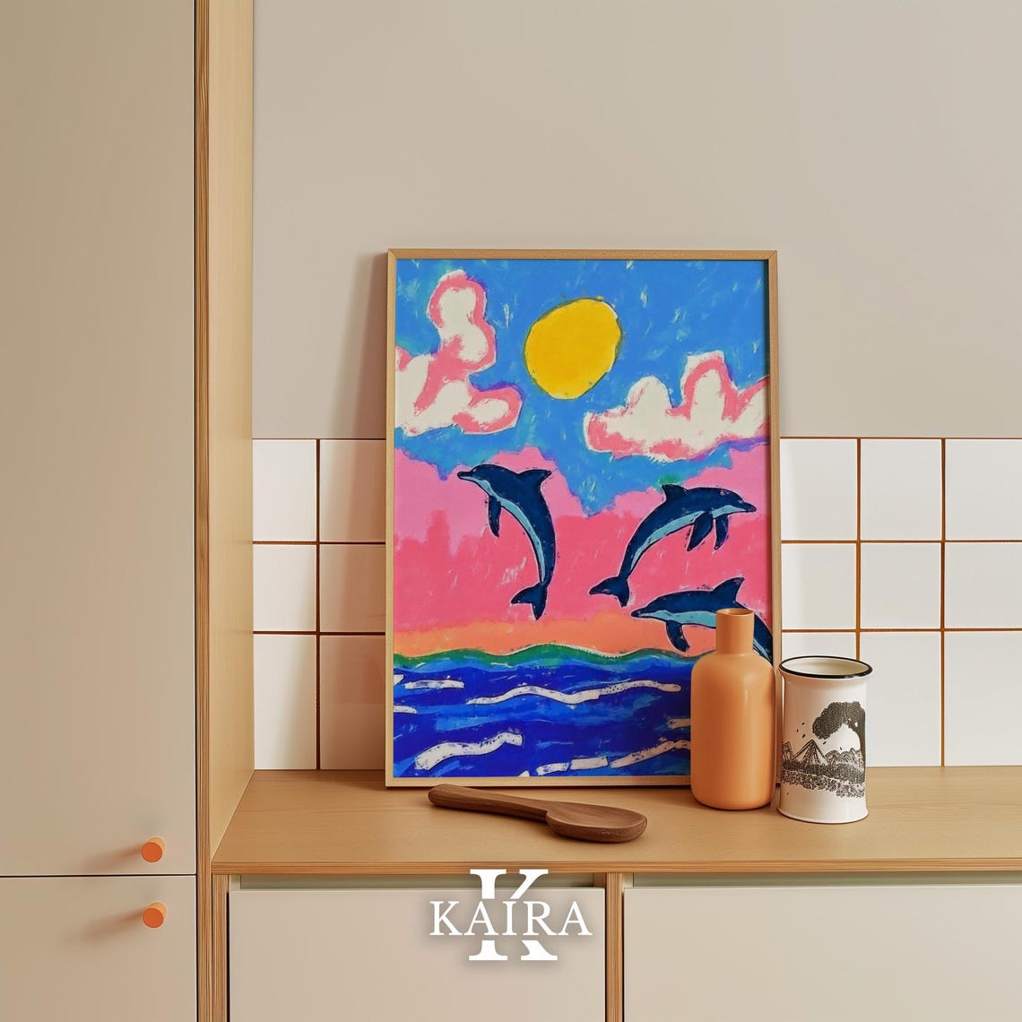 Three Dolphins Leaping Over Ocean Waves Under a Sunset Sky Poster - Image 4